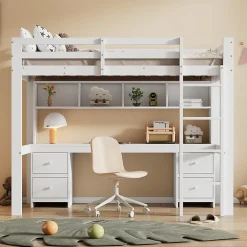Okwish Lit mezzanine 90x200 cm - Lit Simple avec Escalier à Rampe Haute et bureau, tiroirs - Pin + MDF - Sans Matelas - Blanc Discount