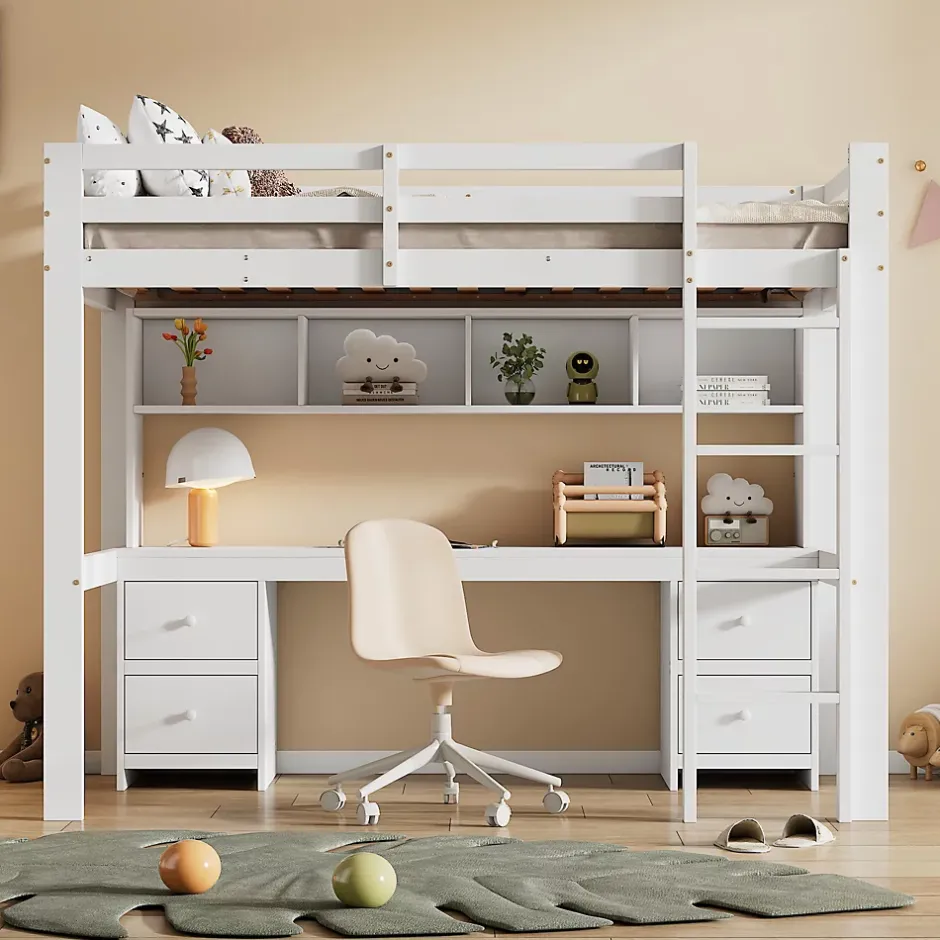 Okwish Lit mezzanine 90x200 cm - Lit Simple avec Escalier à Rampe Haute et bureau, tiroirs - Pin + MDF - Sans Matelas - Blanc Discount