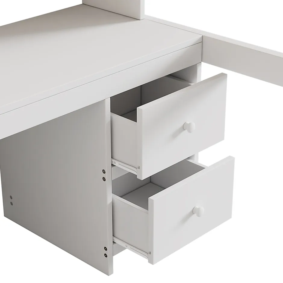 Okwish Lit mezzanine 90x200 cm - Lit Simple avec Escalier à Rampe Haute et bureau, tiroirs - Pin + MDF - Sans Matelas - Blanc Discount