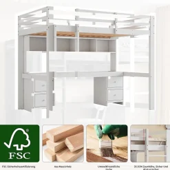 Okwish Lit mezzanine 90x200 cm - Lit Simple avec Escalier à Rampe Haute et bureau, tiroirs - Pin + MDF - Sans Matelas - Blanc Discount