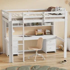 Okwish Lit mezzanine 90x200 cm - Lit Simple avec Escalier à Rampe Haute et bureau, tiroirs - Pin + MDF - Sans Matelas - Blanc Discount