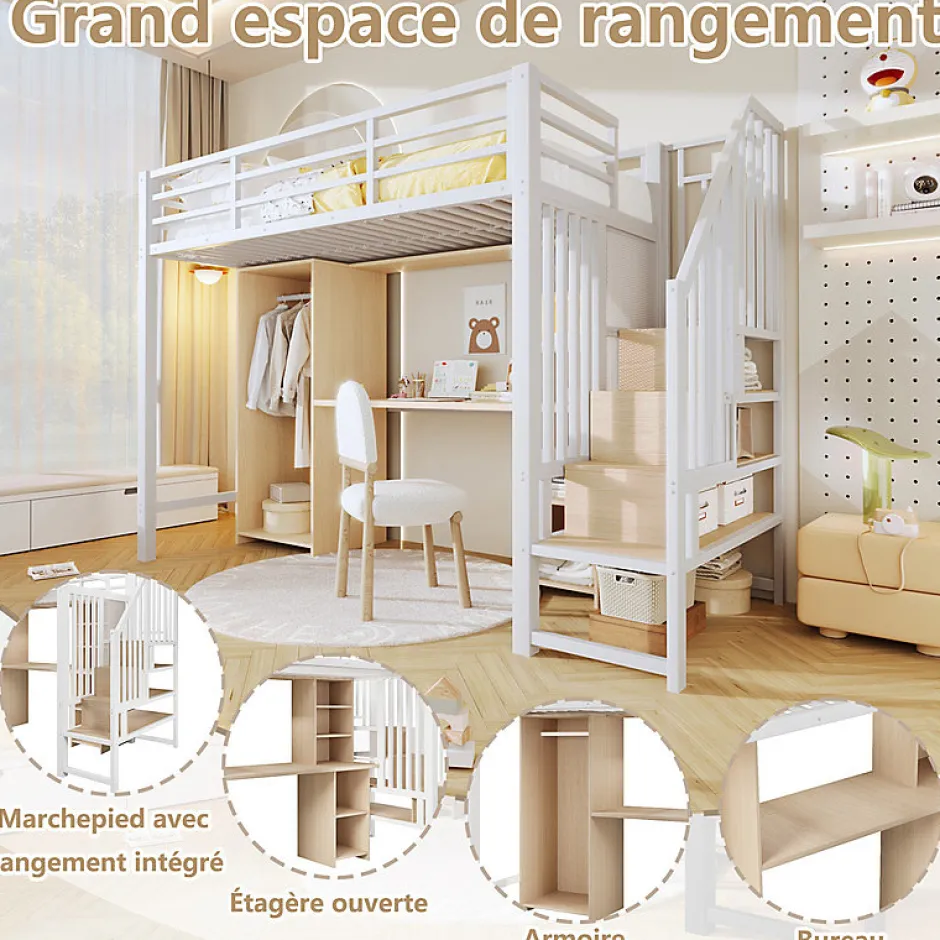 ModernLuxe Lit mezzanine 90x200 cm - Structure en fer - Avec espace de rangement - Avec armoire + bureau - Blanc (matelas non inclus)