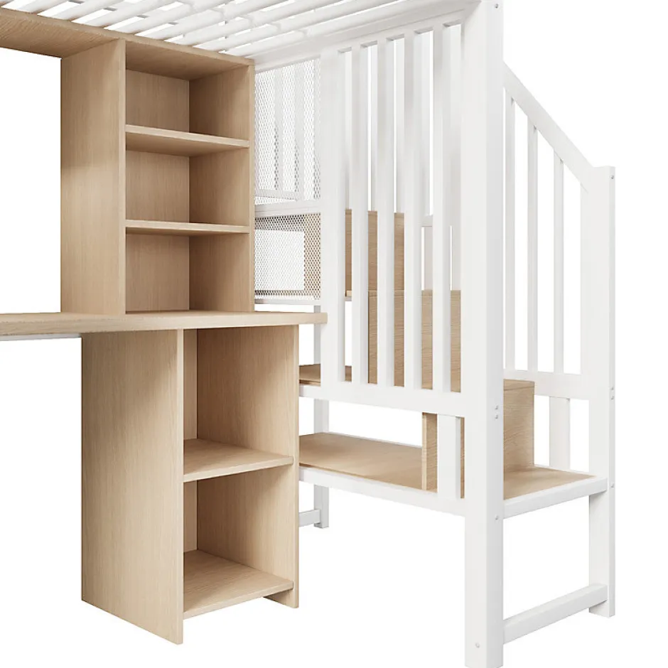 ModernLuxe Lit mezzanine 90x200 cm - Structure en fer - Avec espace de rangement - Avec armoire + bureau - Blanc (matelas non inclus)