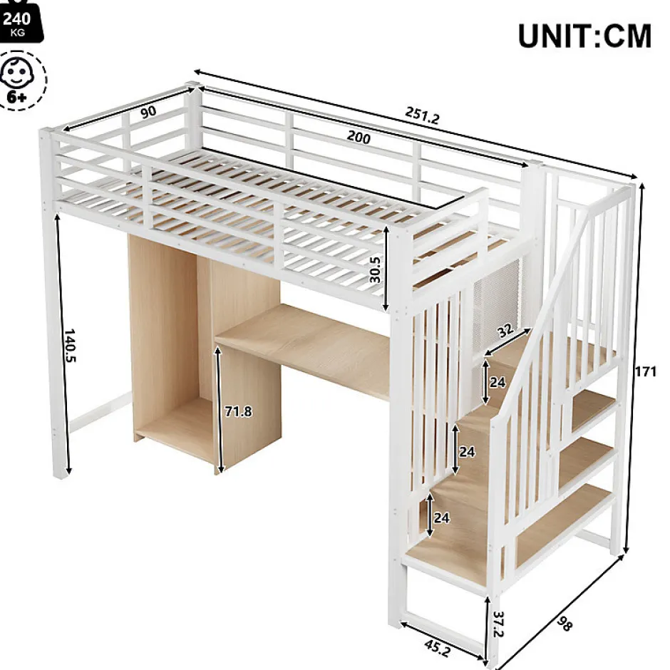 ModernLuxe Lit mezzanine 90x200 cm - Structure en fer - Avec espace de rangement - Avec armoire + bureau - Blanc (matelas non inclus)