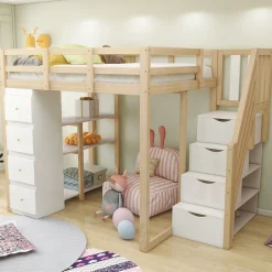 Okwish Lit Mezzanine 140x200 cm Ado avec Commode, Étagères et Tiroirs - Échelle Sécurisée Antidérapante - Sans Matelas - Bois Naturel