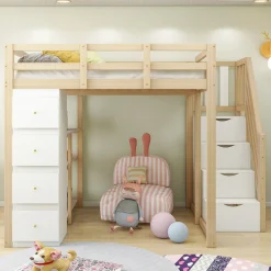 Okwish Lit Mezzanine 140x200 cm Ado avec Commode, Étagères et Tiroirs - Échelle Sécurisée Antidérapante - Sans Matelas - Bois Naturel