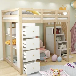 Okwish Lit Mezzanine 140x200 cm Ado avec Commode, Étagères et Tiroirs - Échelle Sécurisée Antidérapante - Sans Matelas - Bois Naturel