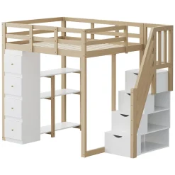 Okwish Lit Mezzanine 140x200 cm Ado avec Commode, Étagères et Tiroirs - Échelle Sécurisée Antidérapante - Sans Matelas - Bois Naturel