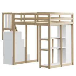Okwish Lit Mezzanine 140x200 cm Ado avec Commode, Étagères et Tiroirs - Échelle Sécurisée Antidérapante - Sans Matelas - Bois Naturel