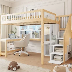 Okwish Lit mezzanine 140x200 cm ado double avec bureau intégré, étagères et LED, rangement pratique, pin+MDF blanc+bois naturel Online