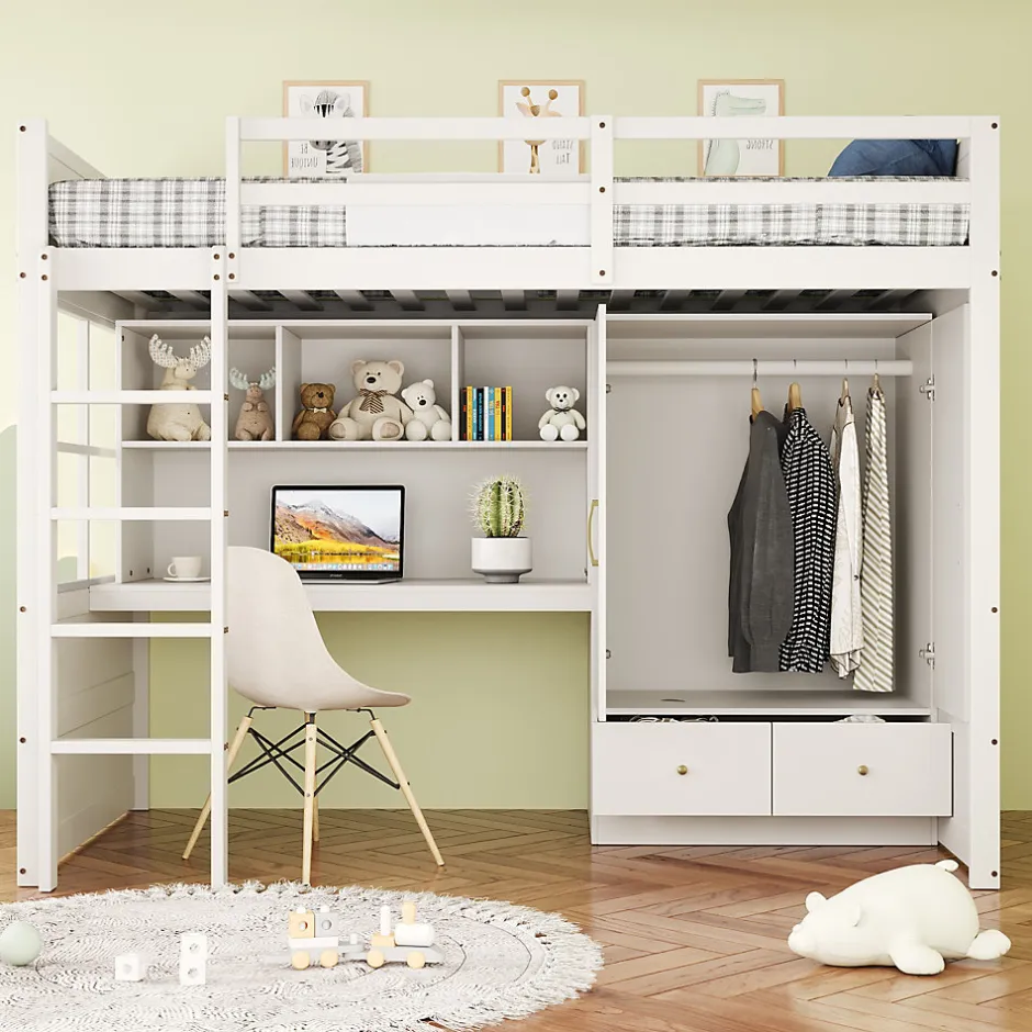 Okwish Lit mezzanine 90x200 cm ado/enfant avec bureau et armoire, escalier avec tiroirs, bois MDF+pin blanc, sans matelas