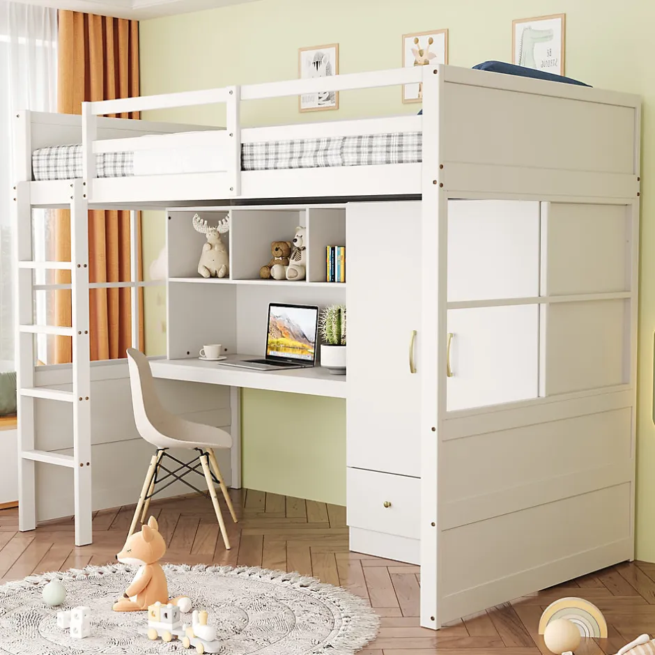 Okwish Lit mezzanine 90x200 cm ado/enfant avec bureau et armoire, escalier avec tiroirs, bois MDF+pin blanc, sans matelas