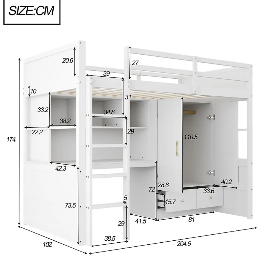 Okwish Lit mezzanine 90x200 cm ado/enfant avec bureau et armoire, escalier avec tiroirs, bois MDF+pin blanc, sans matelas