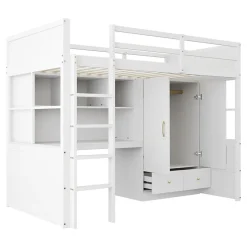 Okwish Lit mezzanine 90x200 cm ado/enfant avec bureau et armoire, escalier avec tiroirs, bois MDF+pin blanc, sans matelas