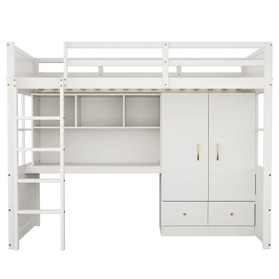 Okwish Lit mezzanine 90x200 cm ado/enfant avec bureau et armoire, escalier avec tiroirs, bois MDF+pin blanc, sans matelas