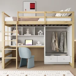 Okwish Lit mezzanine 90x200 cm ado/enfant 1 place avec bureau et armoire, escalier avec tiroirs, bois pin+MDF couleur bois, sans matelas Clearance