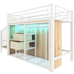 Redom Lit mezzanine 90x200 cm avec 2 tiroirs et vestiaire ouvert, LED multicolore, structure métal
