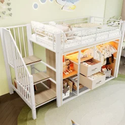 Redom Lit mezzanine 90x200 cm avec 2 tiroirs et vestiaire ouvert, LED multicolore, structure métal