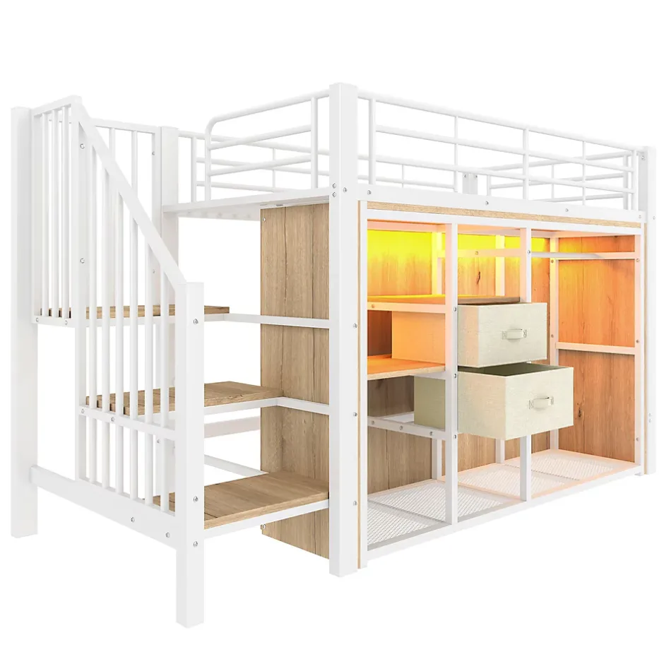 Redom Lit mezzanine 90x200 cm avec 2 tiroirs et vestiaire ouvert, LED multicolore, structure métal