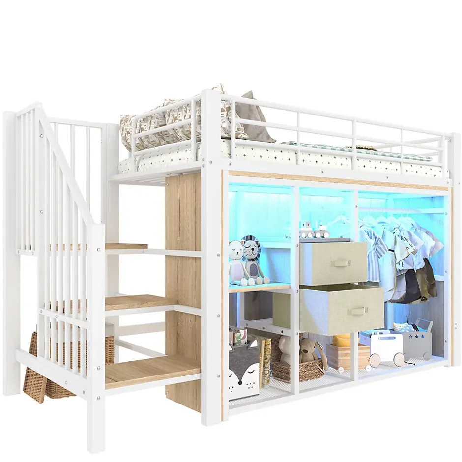 Redom Lit mezzanine 90x200 cm avec 2 tiroirs et vestiaire ouvert, LED multicolore, structure métal