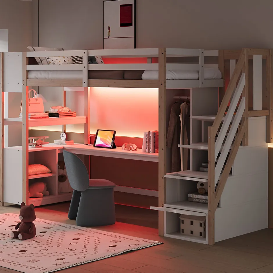 ModernLuxe Lit mezzanine 90x200 cm avec armoire et bureau - avec escalier et prises électriques - LED - naturel (sans matelas)