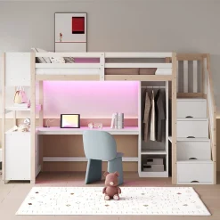 ModernLuxe Lit mezzanine 90x200 cm avec armoire et bureau - avec escalier et prises électriques - LED - naturel (sans matelas)