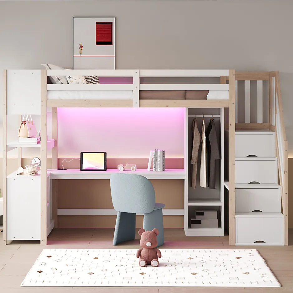 ModernLuxe Lit mezzanine 90x200 cm avec armoire et bureau - avec escalier et prises électriques - LED - naturel (sans matelas)