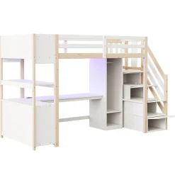 ModernLuxe Lit mezzanine 90x200 cm avec armoire et bureau - avec escalier et prises électriques - LED - naturel (sans matelas)