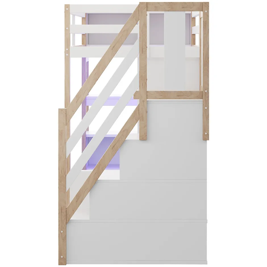 ModernLuxe Lit mezzanine 90x200 cm avec armoire et bureau - avec escalier et prises électriques - LED - naturel (sans matelas)