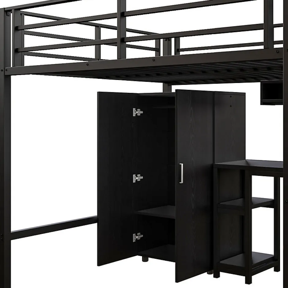 Aapaas Lit mezzanine 140x200 cm avec armoire étagères bureau et échelle noire sans matelas Clearance