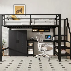 Aapaas Lit mezzanine 140x200 cm avec armoire étagères bureau et échelle noire sans matelas Clearance