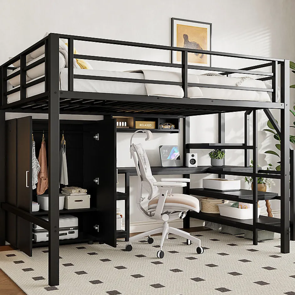 Aapaas Lit mezzanine 140x200 cm avec armoire étagères bureau et échelle noire sans matelas Clearance