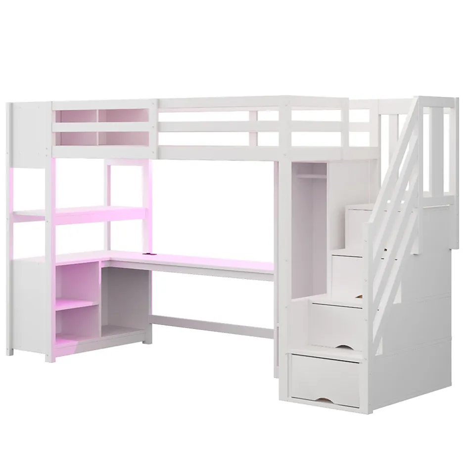ModernLuxe Lit mezzanine 90x200 cm avec armoire et bureau - avec escalier et prises électriques - LED - blanc (sans matelas)