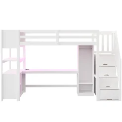ModernLuxe Lit mezzanine 90x200 cm avec armoire et bureau - avec escalier et prises électriques - LED - blanc (sans matelas)