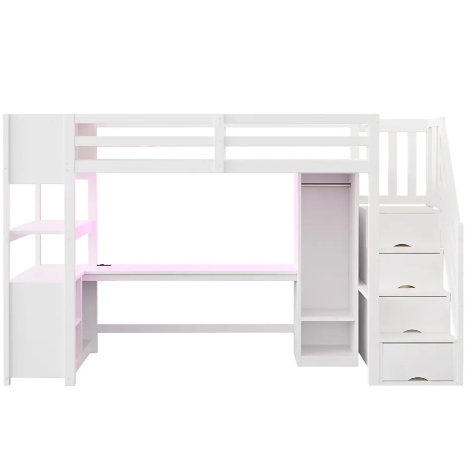 ModernLuxe Lit mezzanine 90x200 cm avec armoire et bureau - avec escalier et prises électriques - LED - blanc (sans matelas)