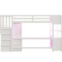 ModernLuxe Lit mezzanine 90x200 cm avec armoire et bureau - avec escalier et prises électriques - LED - blanc (sans matelas)