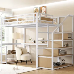 Okwish Lit Mezzanine 140x200 cm avec Bureau et Rangement, Métal+MDF, Blanc - Sans Matelas