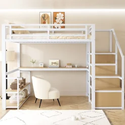 Okwish Lit Mezzanine 140x200 cm avec Bureau et Rangement, Métal+MDF, Blanc - Sans Matelas