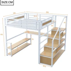 Okwish Lit Mezzanine 140x200 cm avec Bureau et Rangement, Métal+MDF, Blanc - Sans Matelas