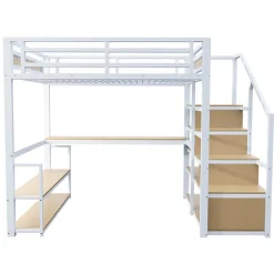 Okwish Lit Mezzanine 140x200 cm avec Bureau et Rangement, Métal+MDF, Blanc - Sans Matelas