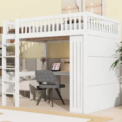 Redom Lit mezzanine 140x200 cm avec bureau intégré, armoire et 3 tiroirs fonctionnels en pin blanc Outlet