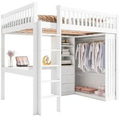 Redom Lit mezzanine 140x200 cm avec bureau intégré, armoire et 3 tiroirs fonctionnels en pin blanc Outlet