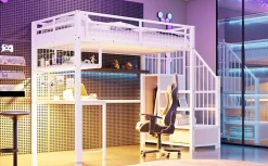 Redom Lit mezzanine 90x200 cm avec bureau intégré, étagères et marche de rangement, structure métal blanche Online