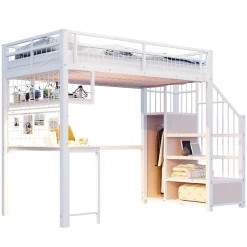 Redom Lit mezzanine 90x200 cm avec bureau intégré, étagères et marche de rangement, structure métal blanche Online