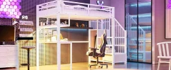 Redom Lit mezzanine 90x200 cm avec bureau intégré, étagères et marche de rangement, structure métal blanche Online