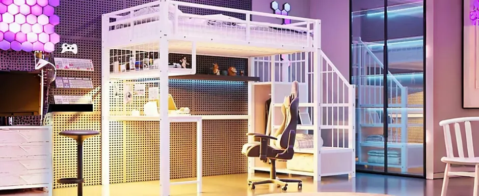 Redom Lit mezzanine 90x200 cm avec bureau intégré, étagères et marche de rangement, structure métal blanche Online