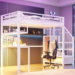 Redom Lit mezzanine 90x200 cm avec bureau intégré, étagères et marche de rangement, structure métal blanche Online