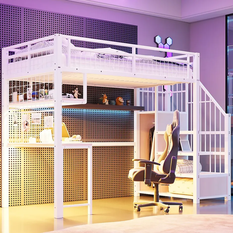 Redom Lit mezzanine 90x200 cm avec bureau intégré, étagères et marche de rangement, structure métal blanche Online