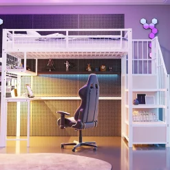 Redom Lit mezzanine 90x200 cm avec bureau intégré, étagères et marche de rangement, structure métal blanche Online