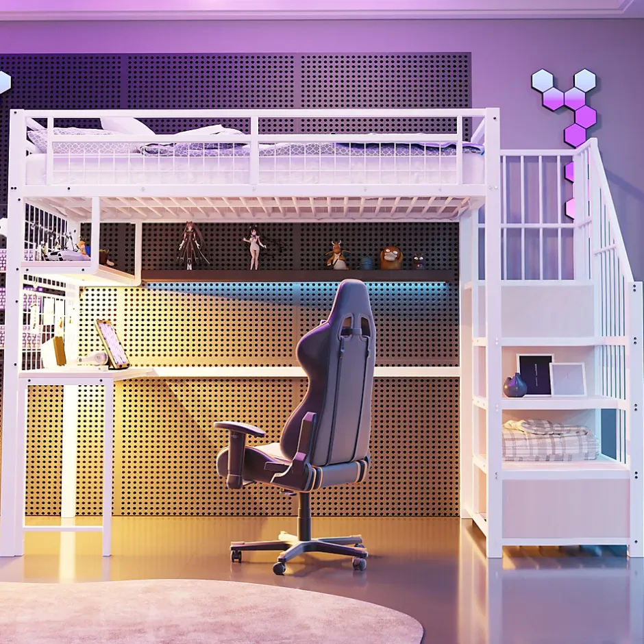 Redom Lit mezzanine 90x200 cm avec bureau intégré, étagères et marche de rangement, structure métal blanche Online